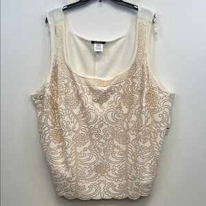 Onyx Nite Ivory and Gold Dressy Formal Beaded Scoop Neck Sleeveless Blouse 5X
